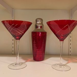 Pier 1  Imports red etched martini glasses and shaker